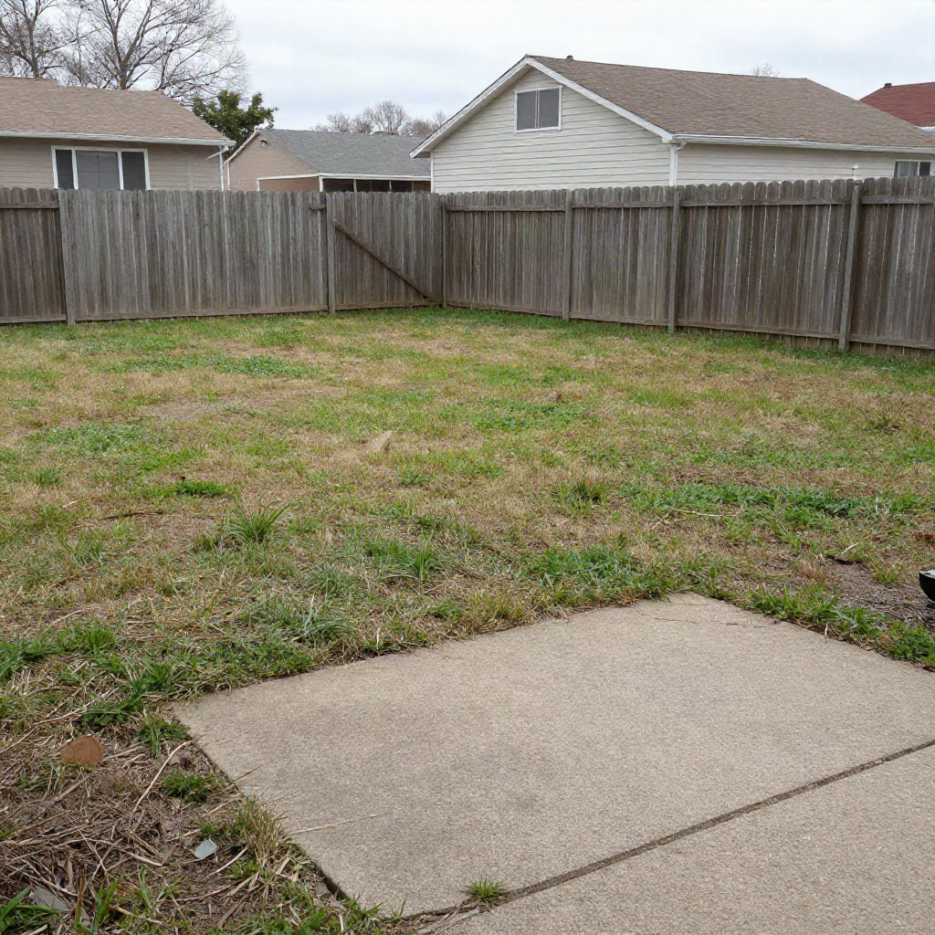 A plain, unlandscaped suburban backyard with patchy grass and a cracked concrete slab