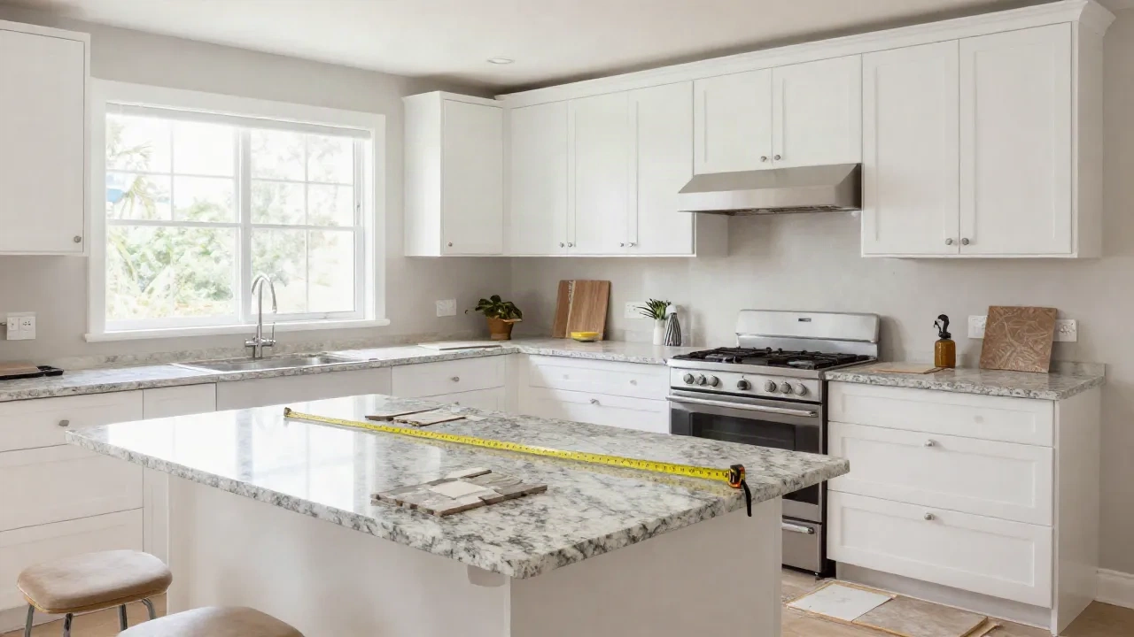 Modern kitchen renovation with new white shaker cabinets and granite countertops