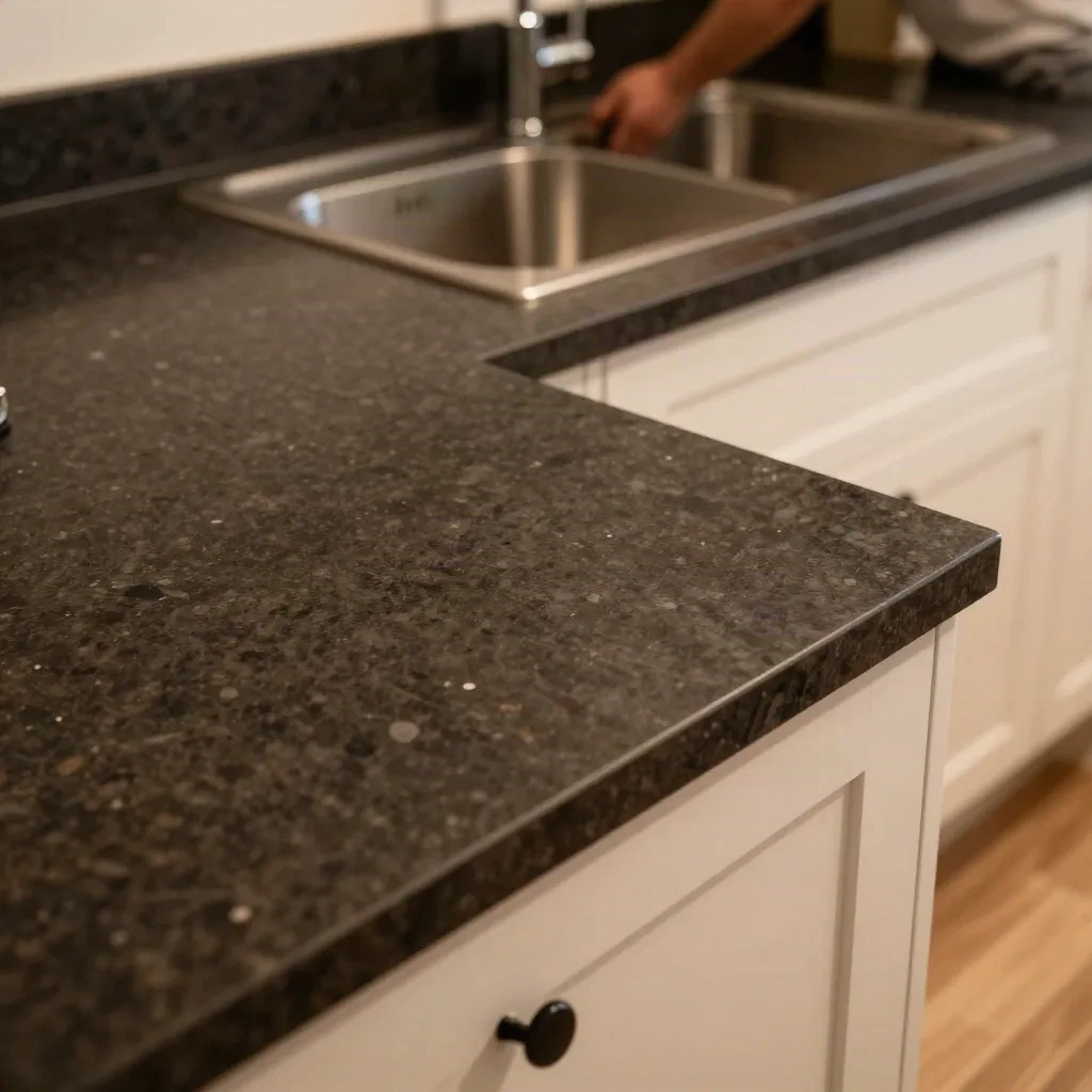 New kitchen countertop installation with dark quartz surface and white cabinets