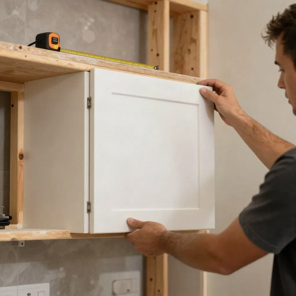 Kitchen cabinet installation in progress during a residential remodel