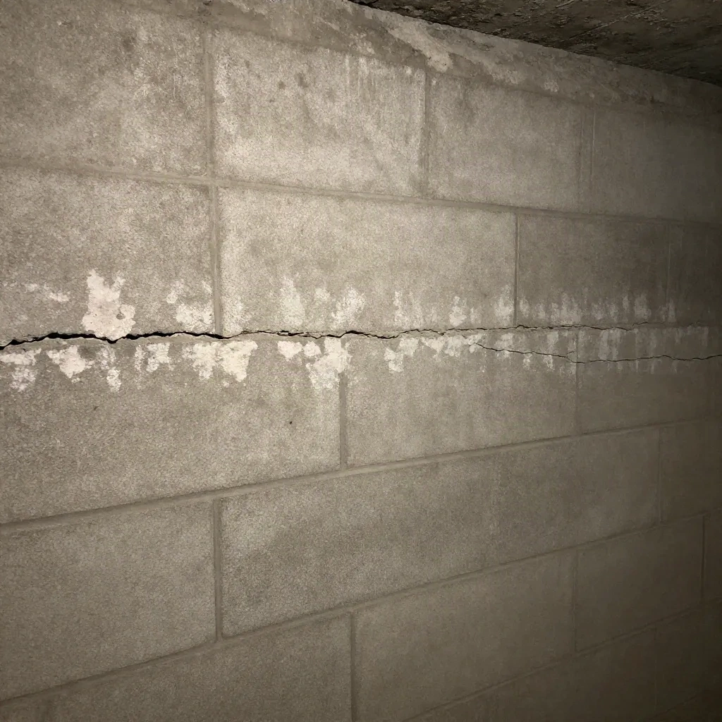 Basement concrete block wall with horizontal foundation crack and water staining