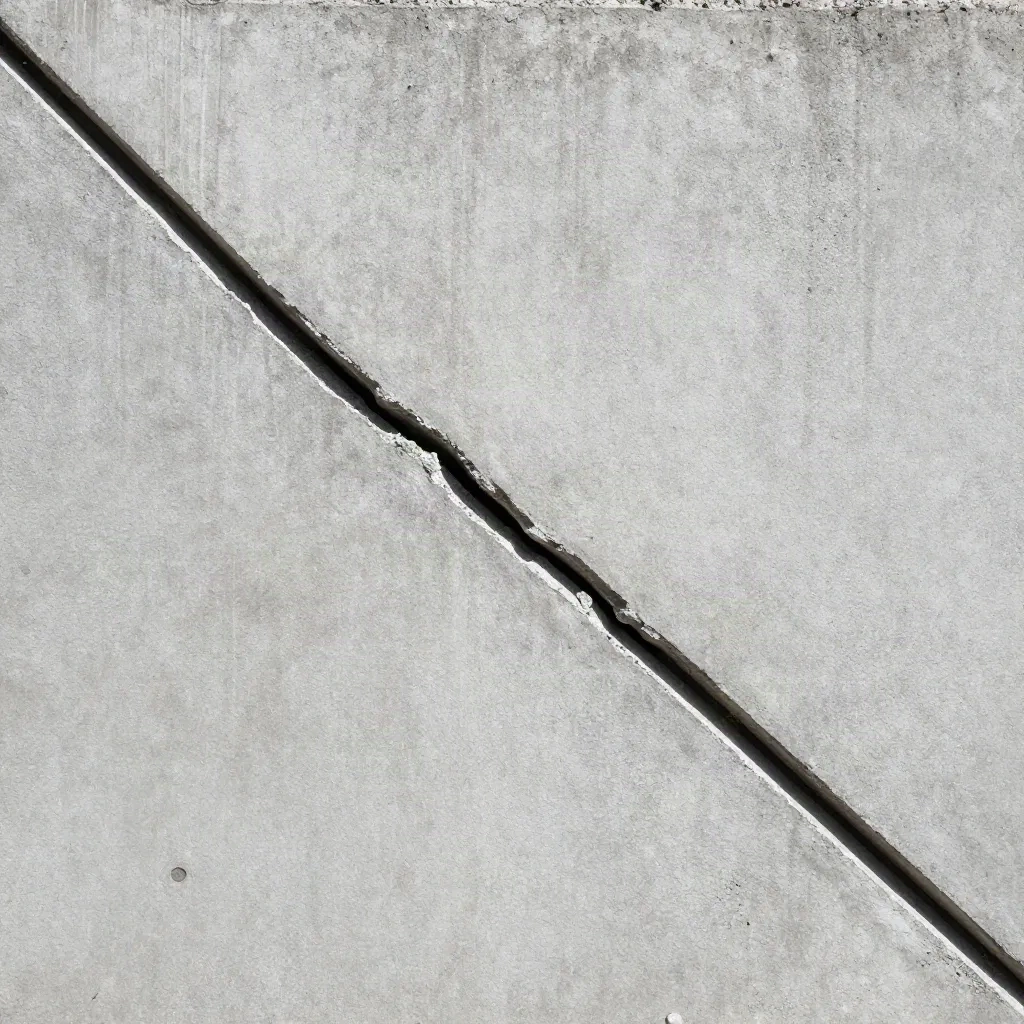 Close-up view of a diagonal crack in a concrete foundation wall