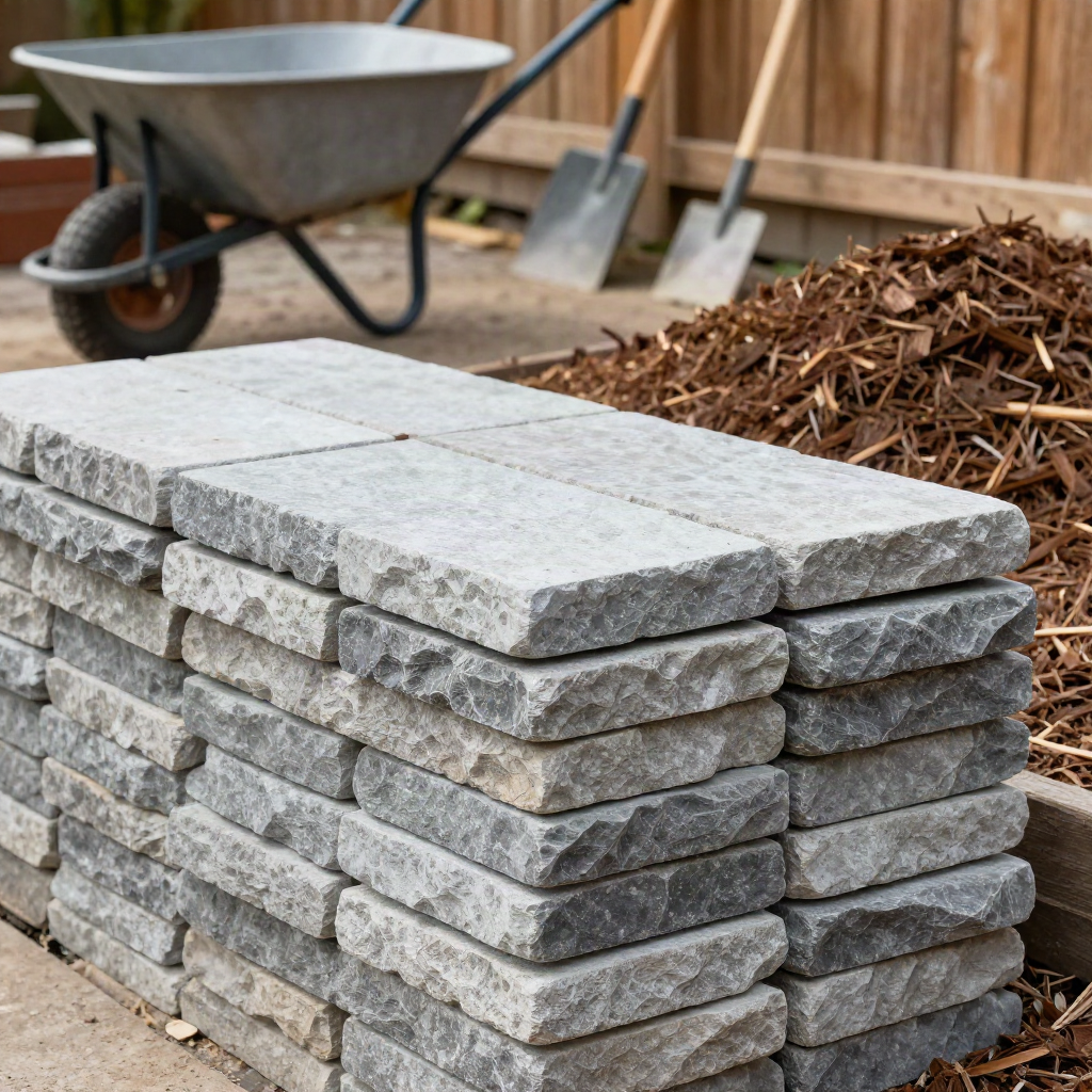 Stacked pavers, mulch, and landscaping tools staged for a yard installation project