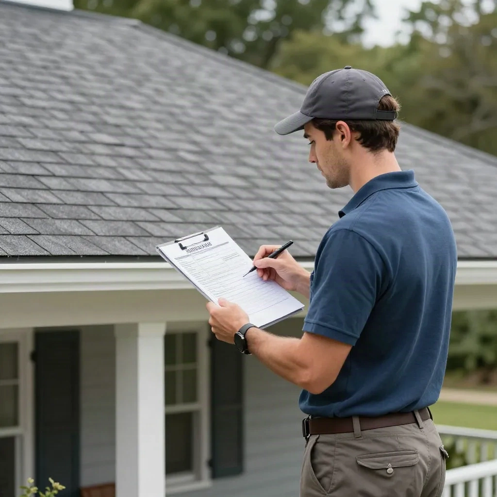 Roofing contractor presenting a written estimate to a homeowner on a front porch