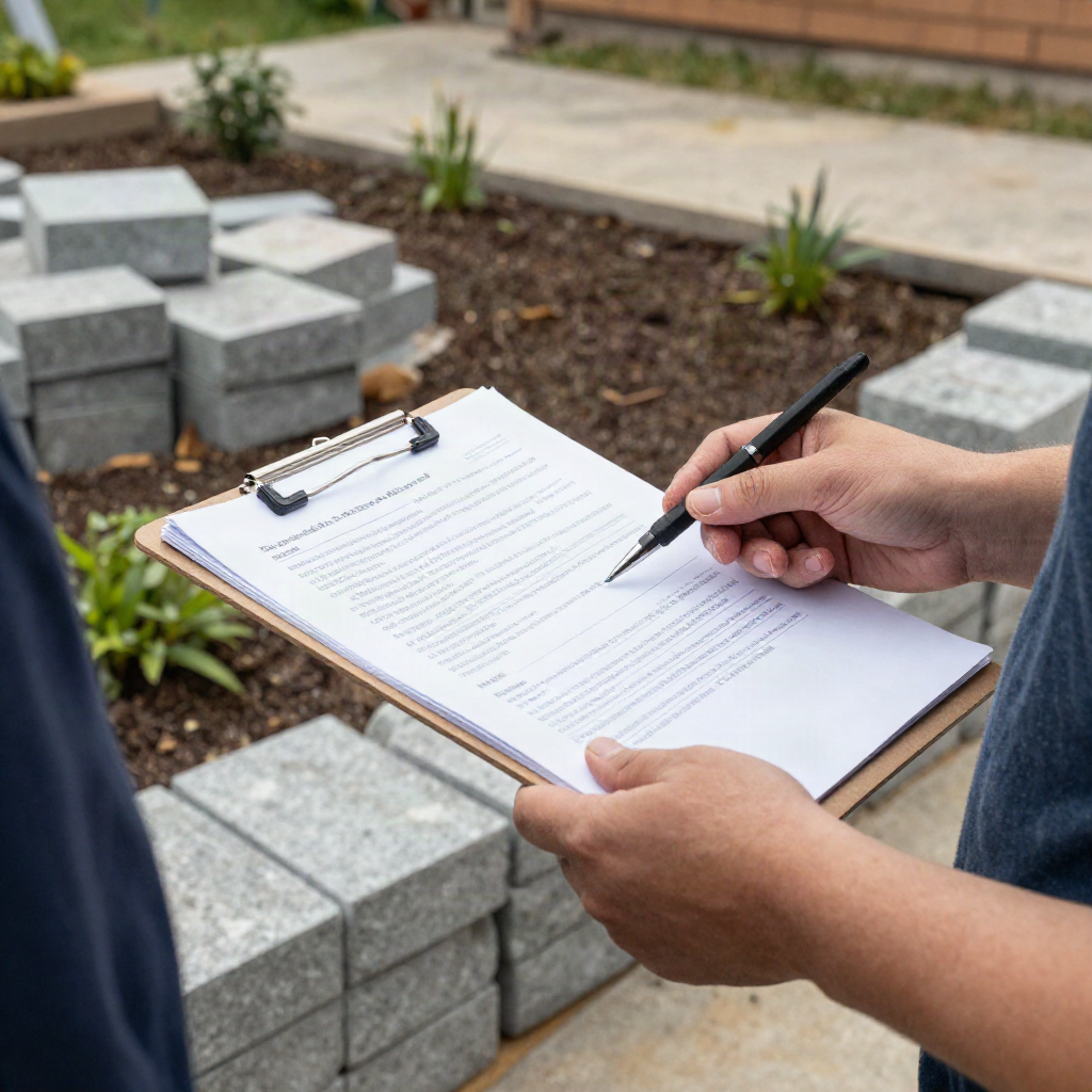 Two people reviewing a printed landscaping estimate near a partially finished yard