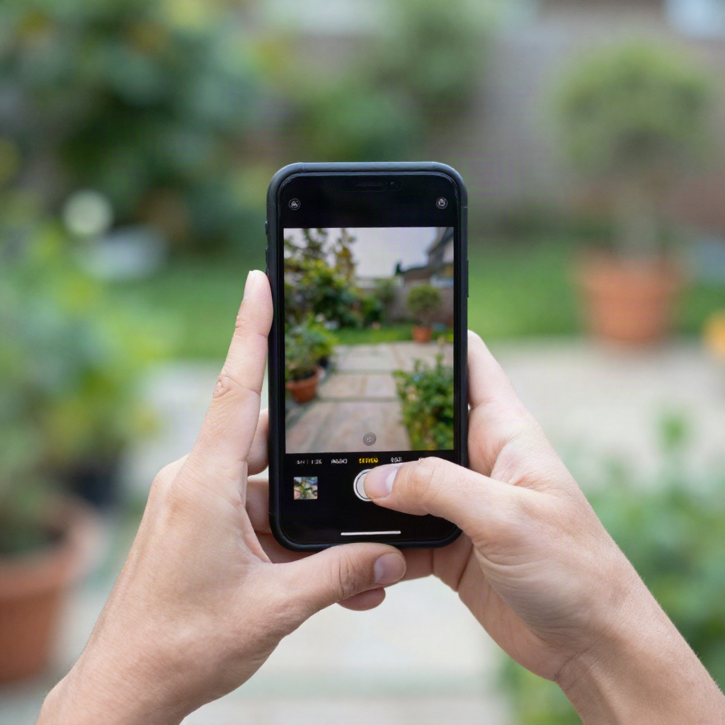 A homeowner photographing their backyard with a smartphone to plan a landscaping project