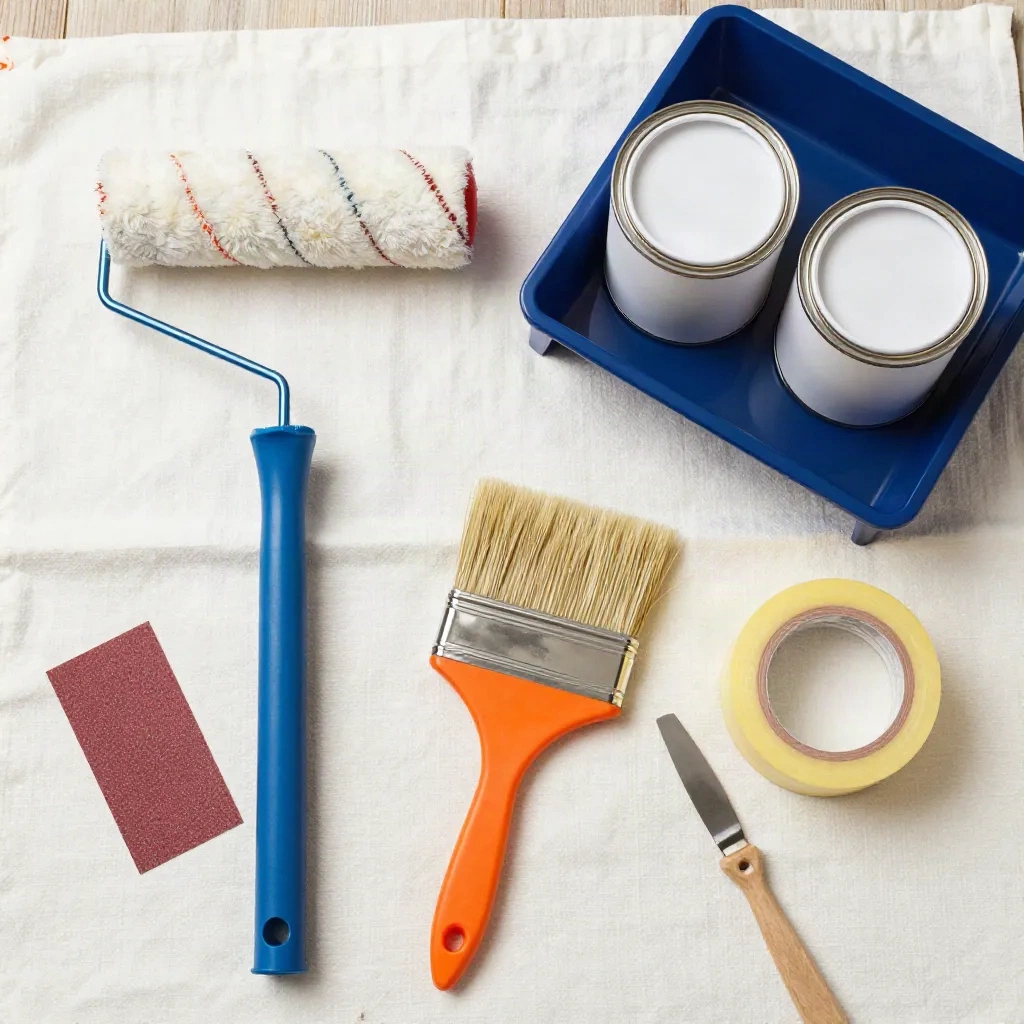 Flat-lay of interior painting supplies including roller, brush, tray, tape and spackle knife