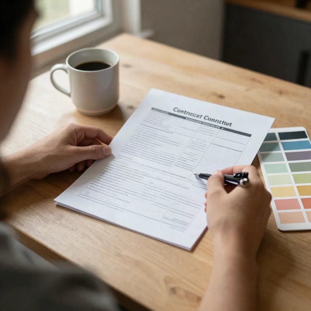 Homeowner reviewing a printed painting estimate beside paint color swatches