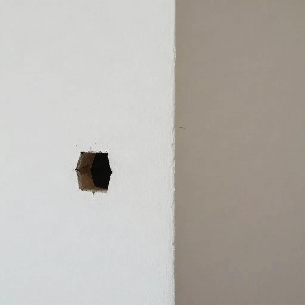 Close-up de uma parede de drywall mostrando um furo de seis polegadas e rachaduras capilares, representando diferentes tipos de danos em drywall que afetam o custo de reparo