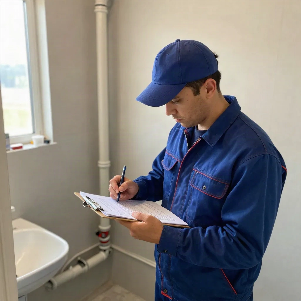 Licensed contractor reviewing bathroom renovation quote on clipboard at job site