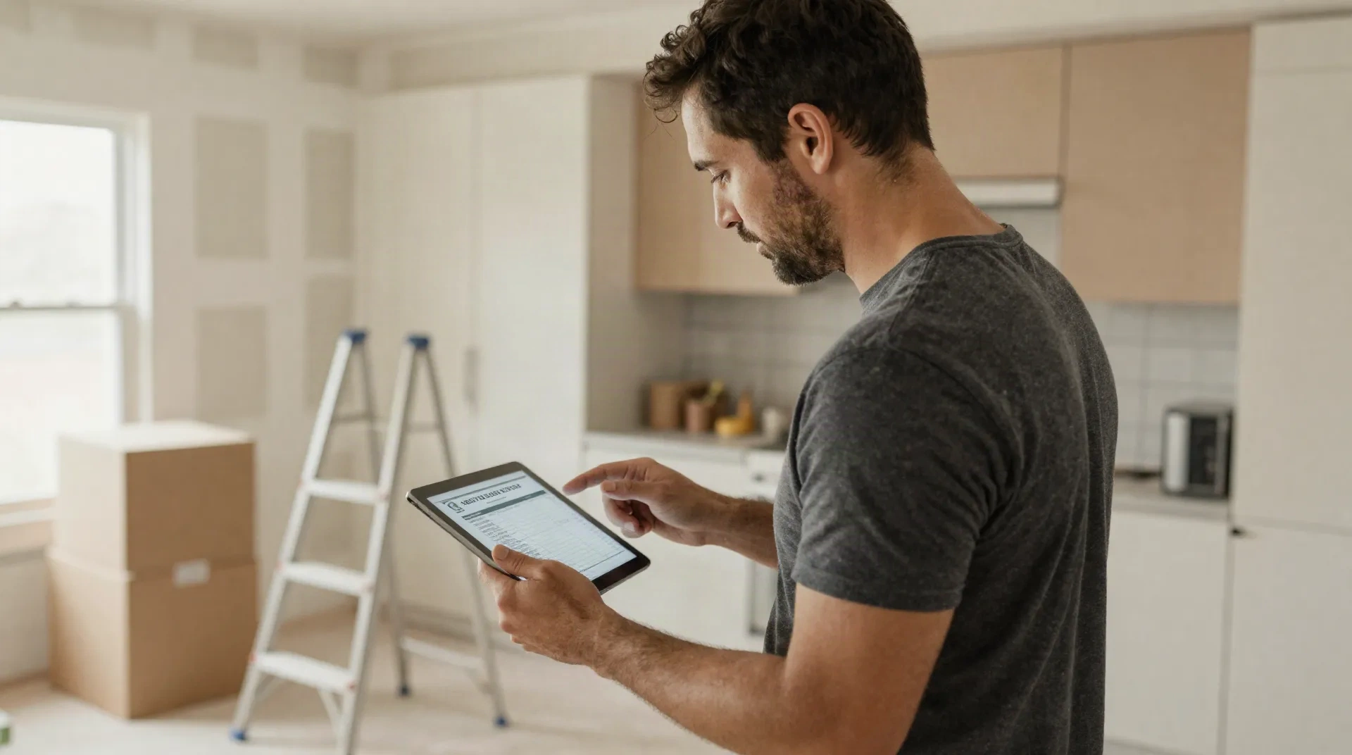Hausbesitzer überprüft einen Kostenvoranschlag für eine Hausrenovierung auf einem Tablet in einer teilweise renovierten Küche