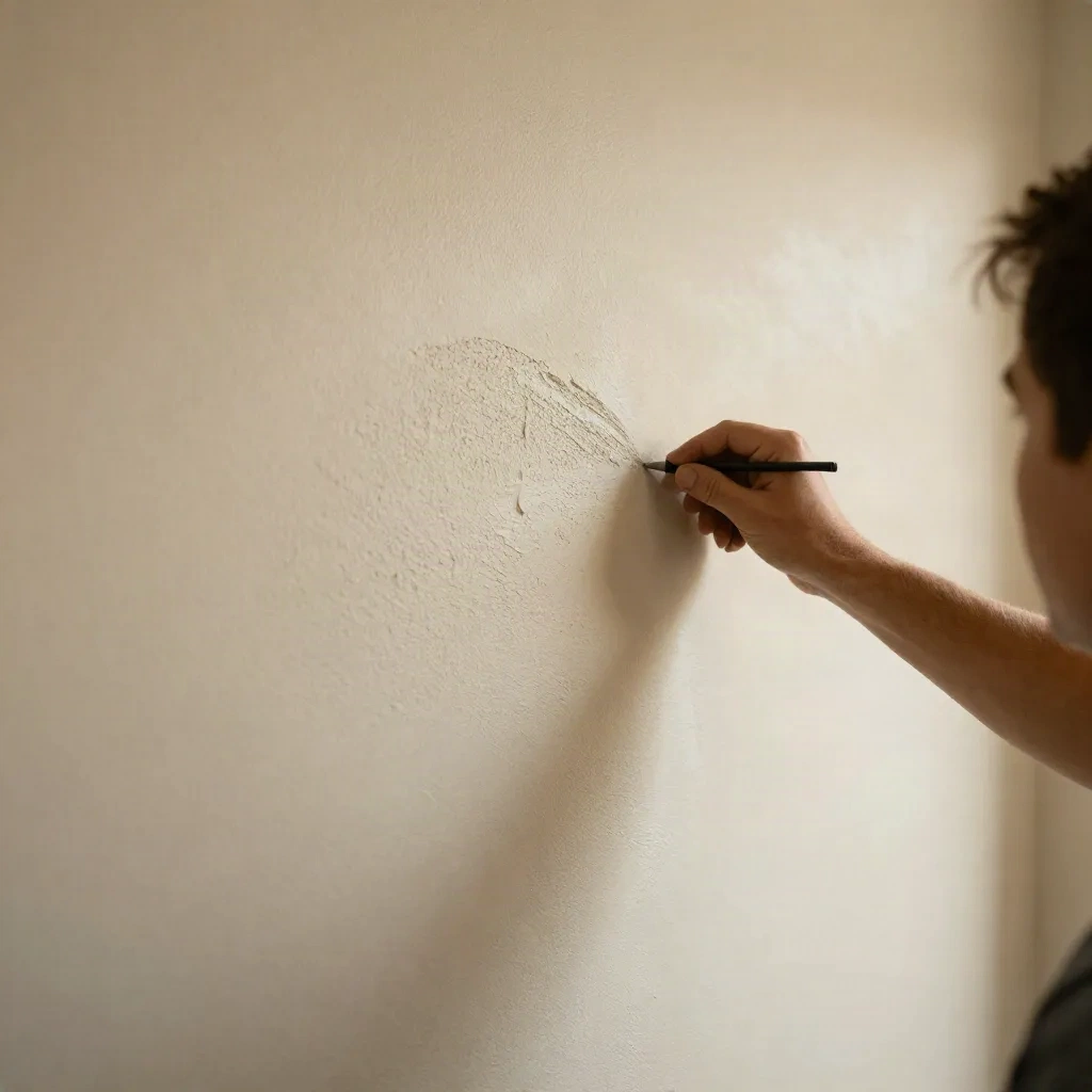 Proprietário examinando correspondência de textura em uma seção de drywall recém-reparada ao lado da superfície de parede pintada original
