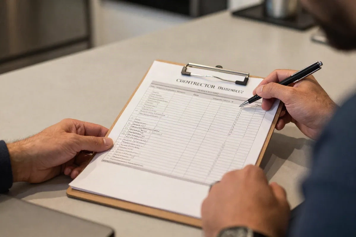 Homeowner reviewing an itemized bathroom remodel contractor estimate