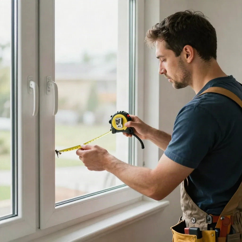 Professional contractor installing a new vinyl replacement window inside a home