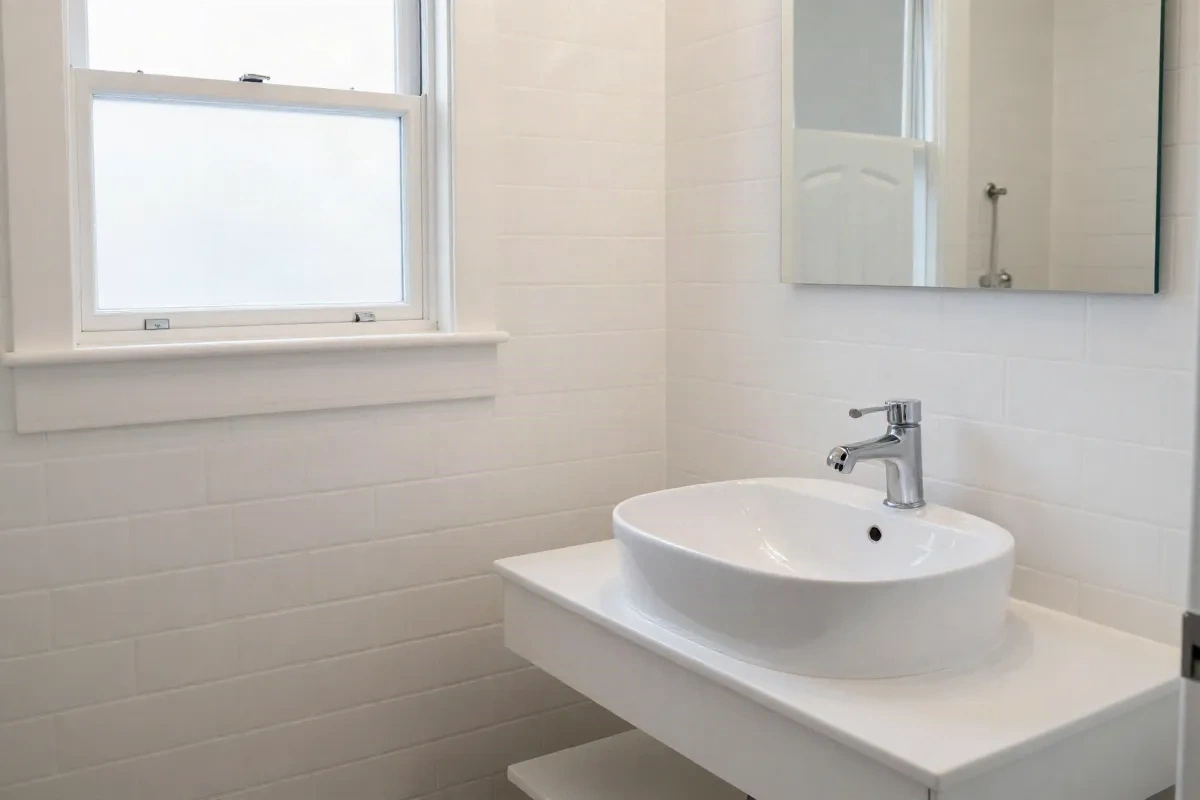 Completed mid-range bathroom remodel with white subway tiles and modern floating vanity