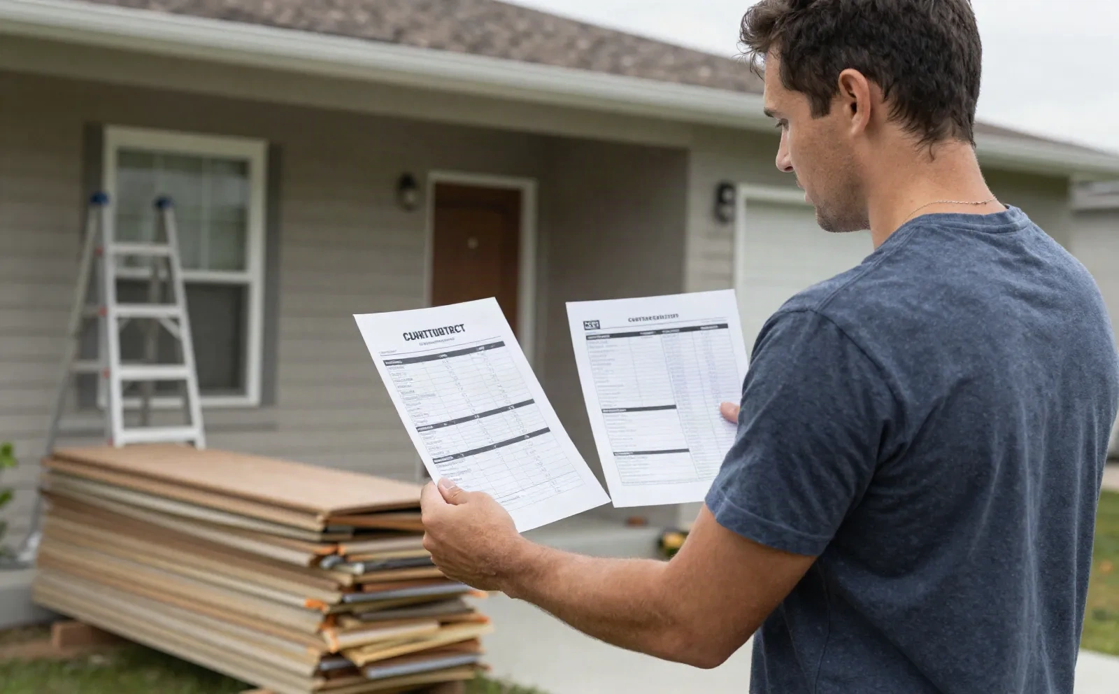 Homeowner comparing two printed contractor quotes outside a house under renovation