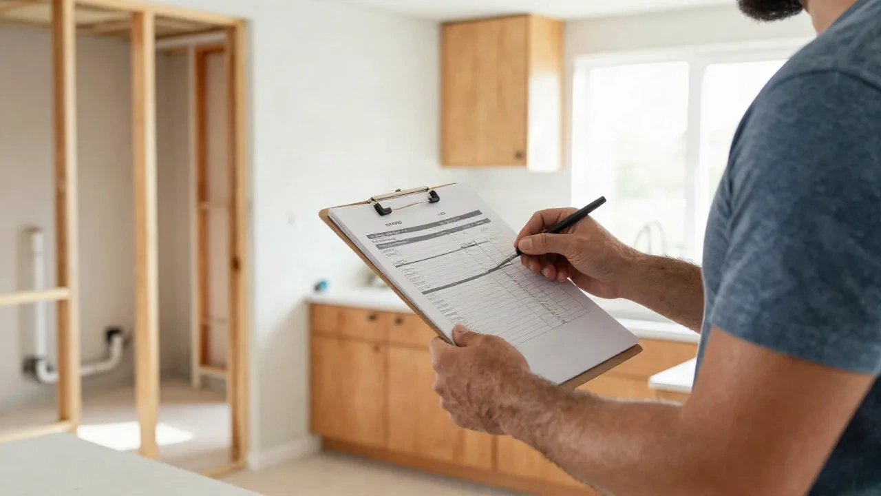 Hausbesitzer überprüft eine gedruckte Renovierungskostenschätzung in einer teilweise renovierten Küche