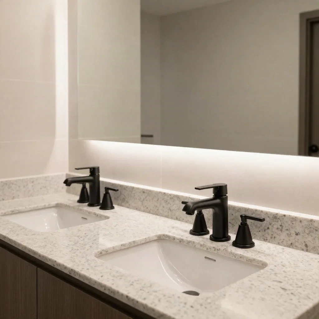 Modern bathroom vanity with double sink, quartz countertop and matte black faucets