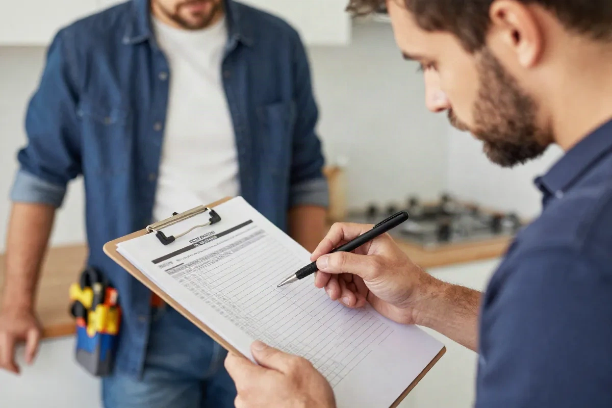 Homeowner reviewing a water heater replacement quote with a contractor
