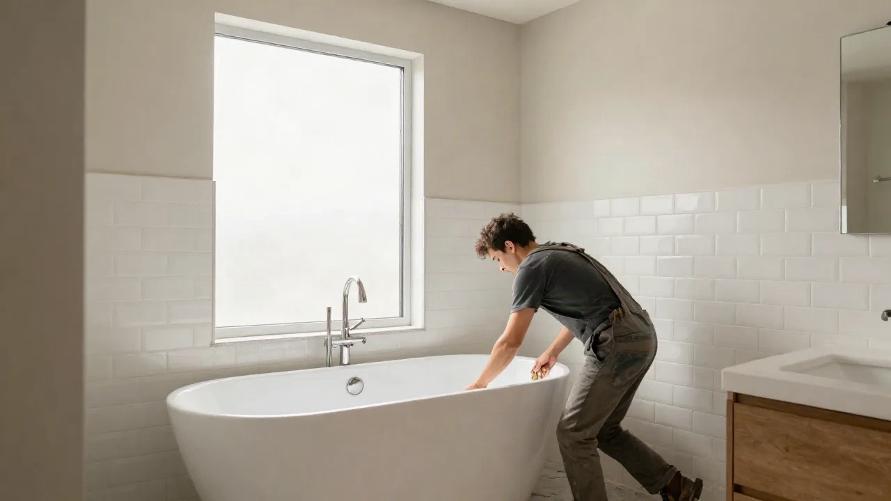 Remodelación de baño en proceso con azulejos blancos tipo metro y accesorios modernos