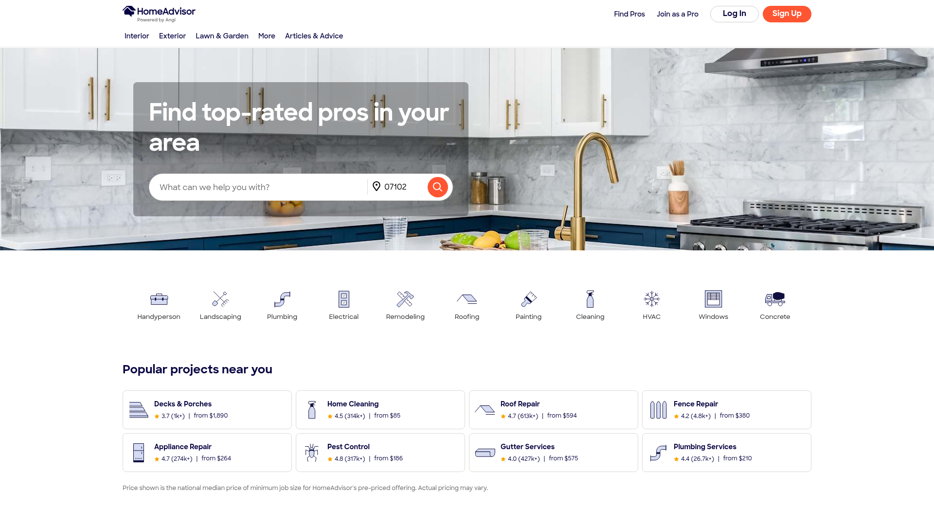 Screenshot della homepage di HomeAdvisor, settembre 2026