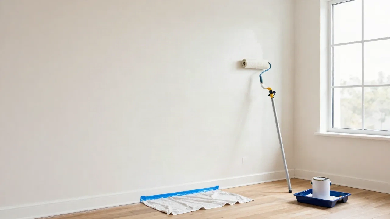 Painter rolling warm white paint onto a living room wall with drop cloth and taped baseboard