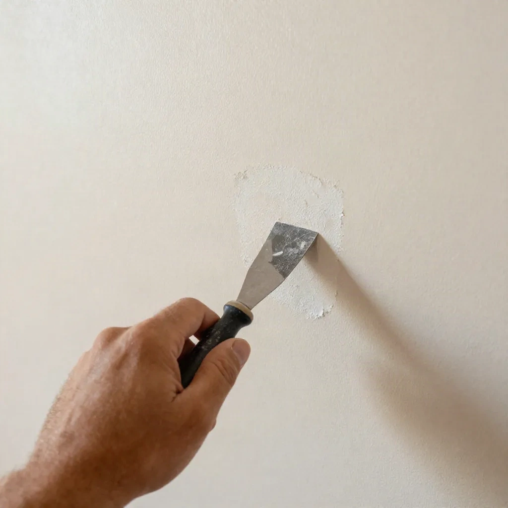 Hand patching a small wall hole with a putty knife before priming