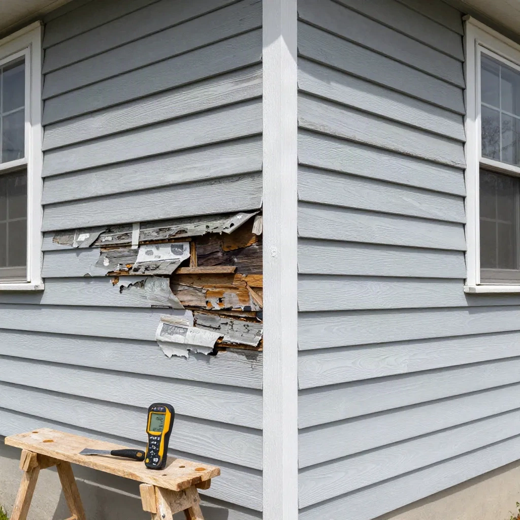 Rotted sheathing exposed under old siding next to a moisture meter