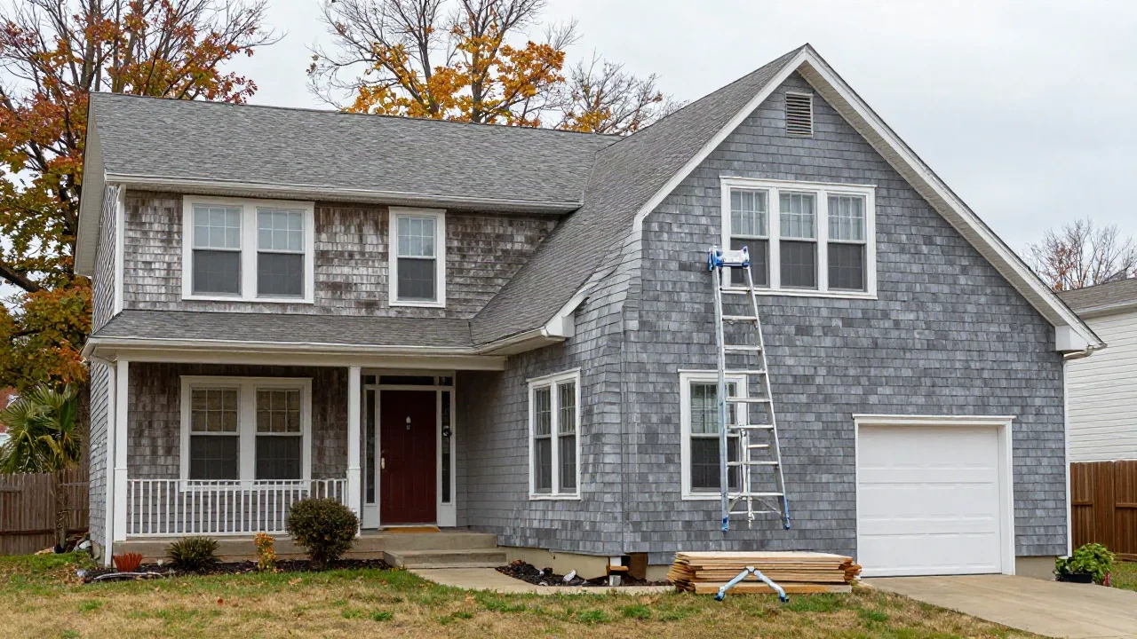 Two-story home with a ladder and siding bundles on the lawn during a siding replacement