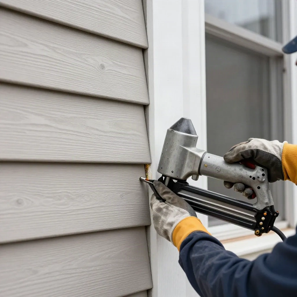 Contractor nailing a new vinyl lap siding plank beside a window