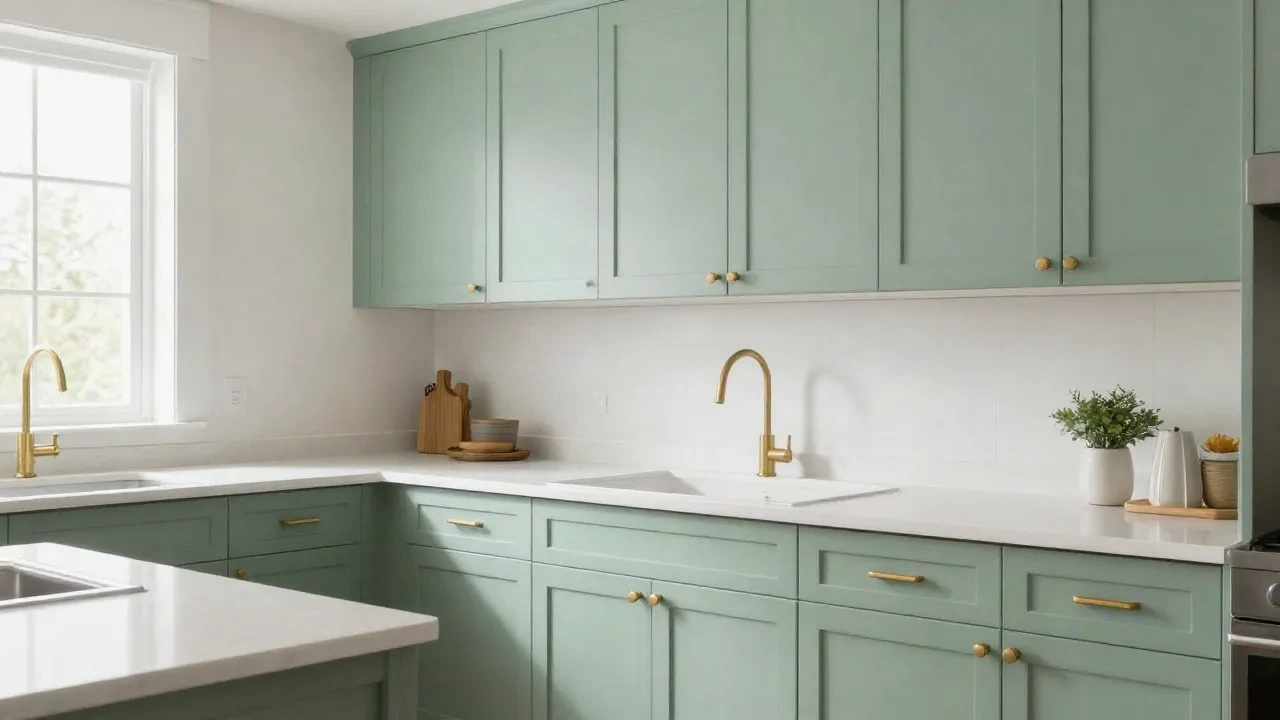 Kitchen with freshly painted sage green shaker cabinets and brass hardware