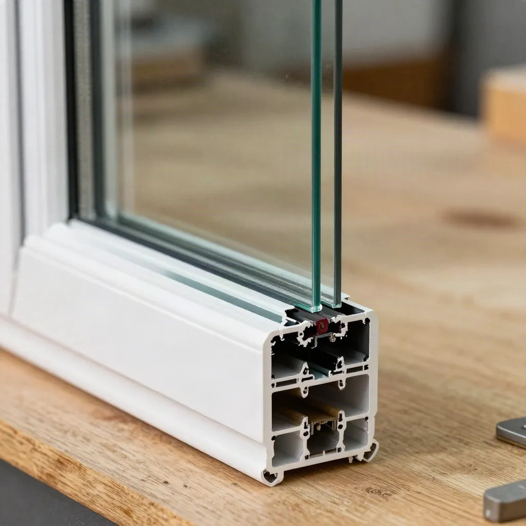 Querschnitt eines Vinyl-Fensterrahmens mit Doppelverglasung, der beide Glasschichten zeigt