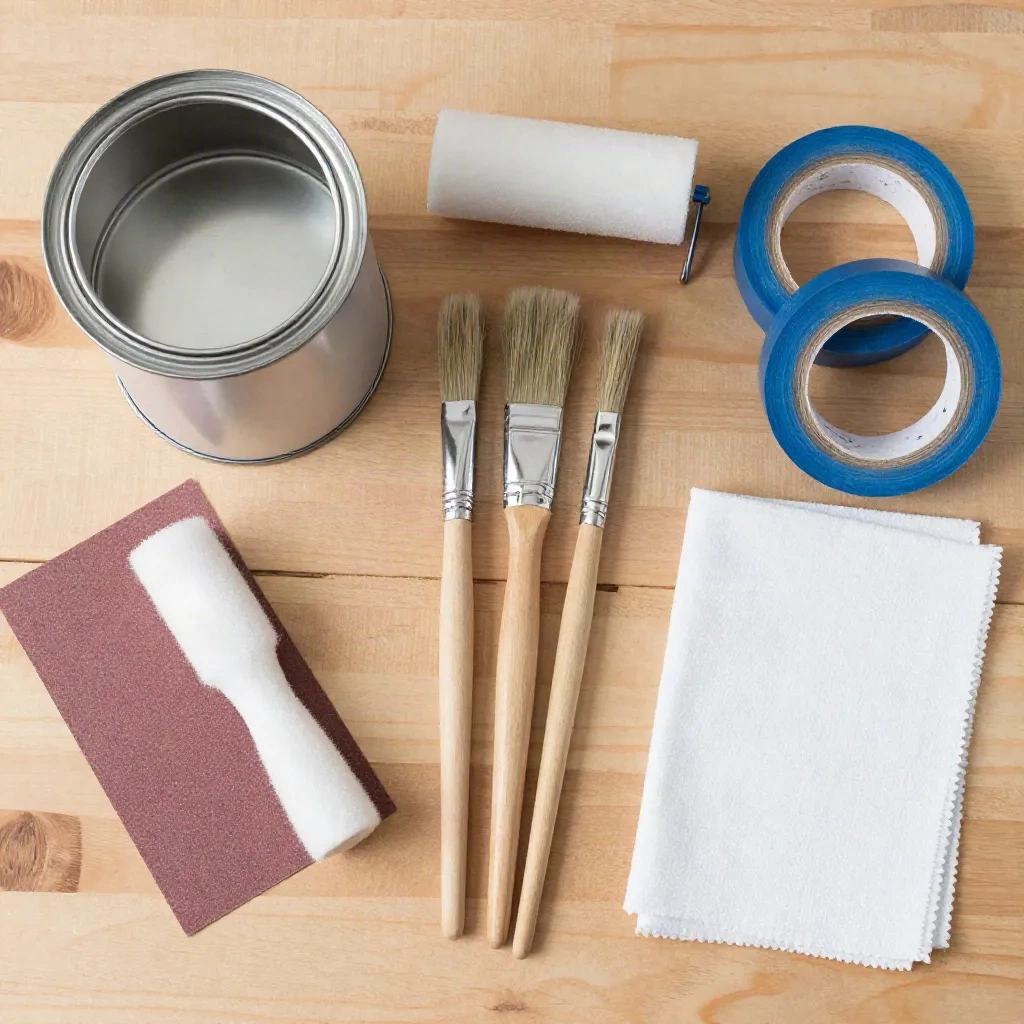 Basic DIY cabinet painting supplies laid out on a workbench