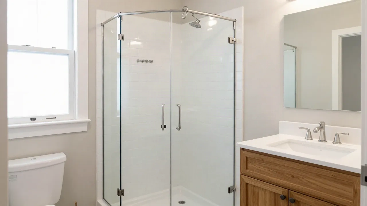 Bagno ristrutturato con doccia in vetro piastrellata e mobile in legno