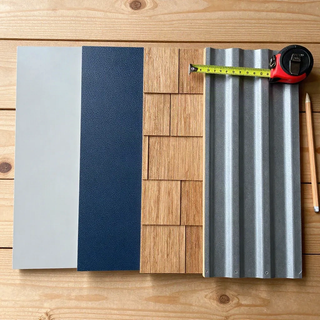 Vinyl, fiber cement, cedar shingle and metal siding samples side by side on a workbench