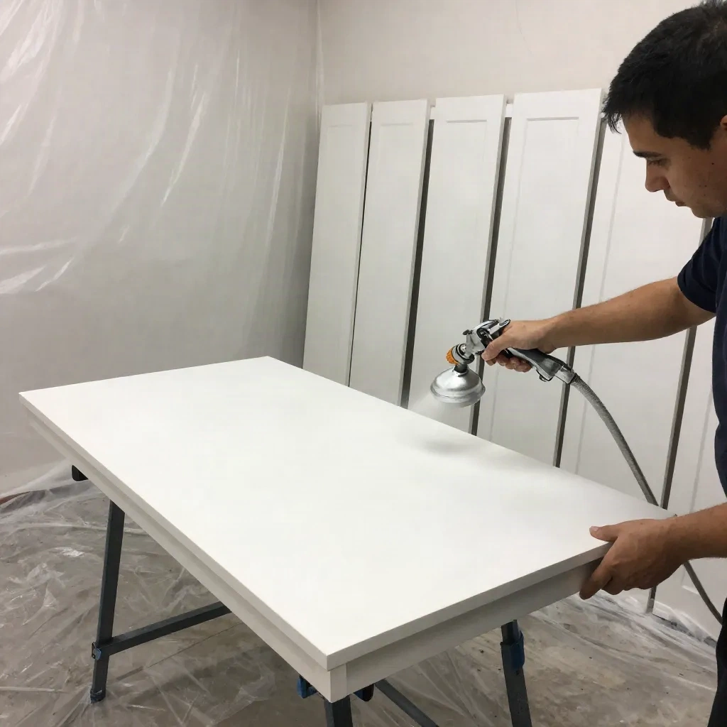Painter spraying a cabinet door laid flat in a masked off spare room
