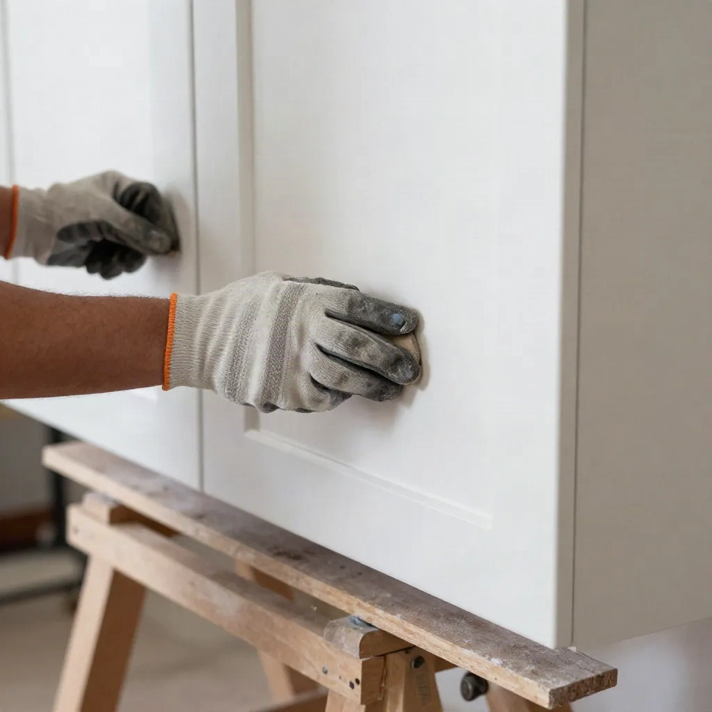 Gloved hands sanding a white cabinet door on sawhorses during prep