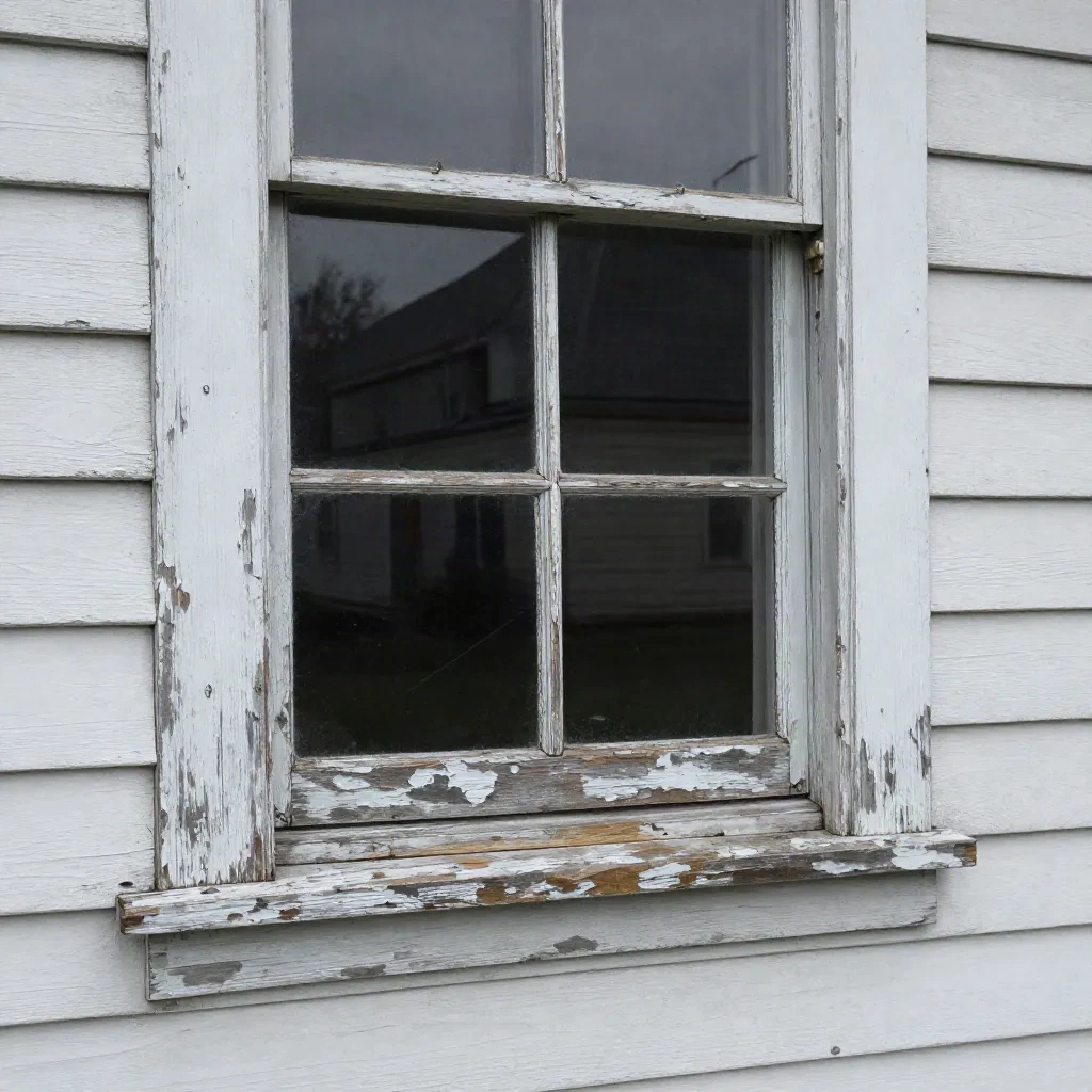 Alter Holzfensterrahmen mit abblätternder Farbe und einer verrotteten Fensterbank, die ersetzt werden muss