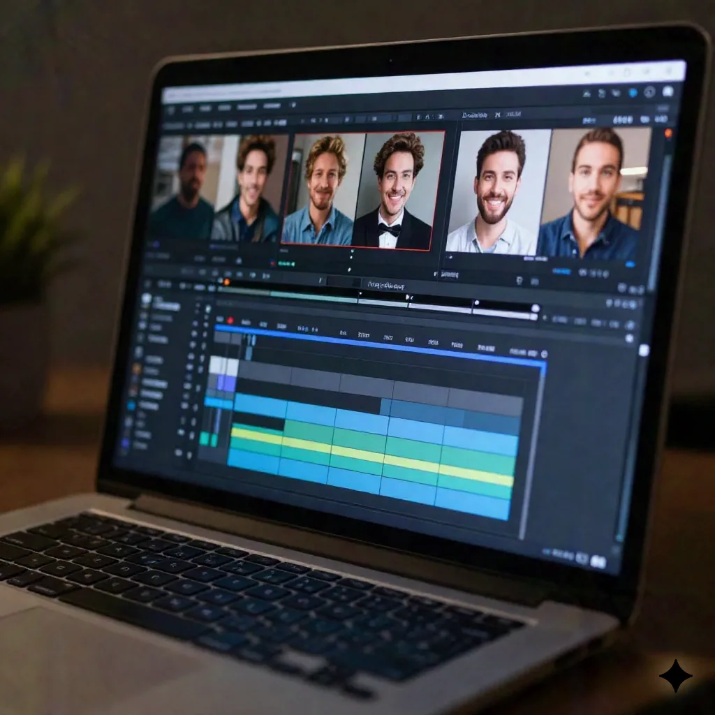 AI video editing timeline showing avatar clips in a production workflow