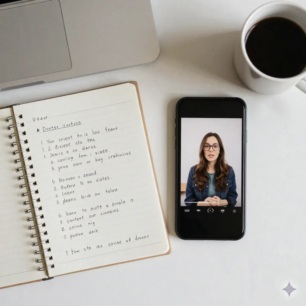 Content creator planning video topics in a minimal workspace with notebook and smartphone