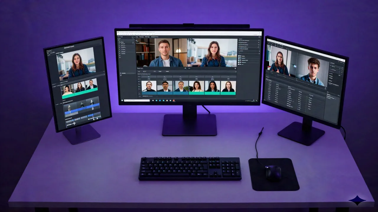 Solo content creator with AI video tools and avatar previews on multiple screens