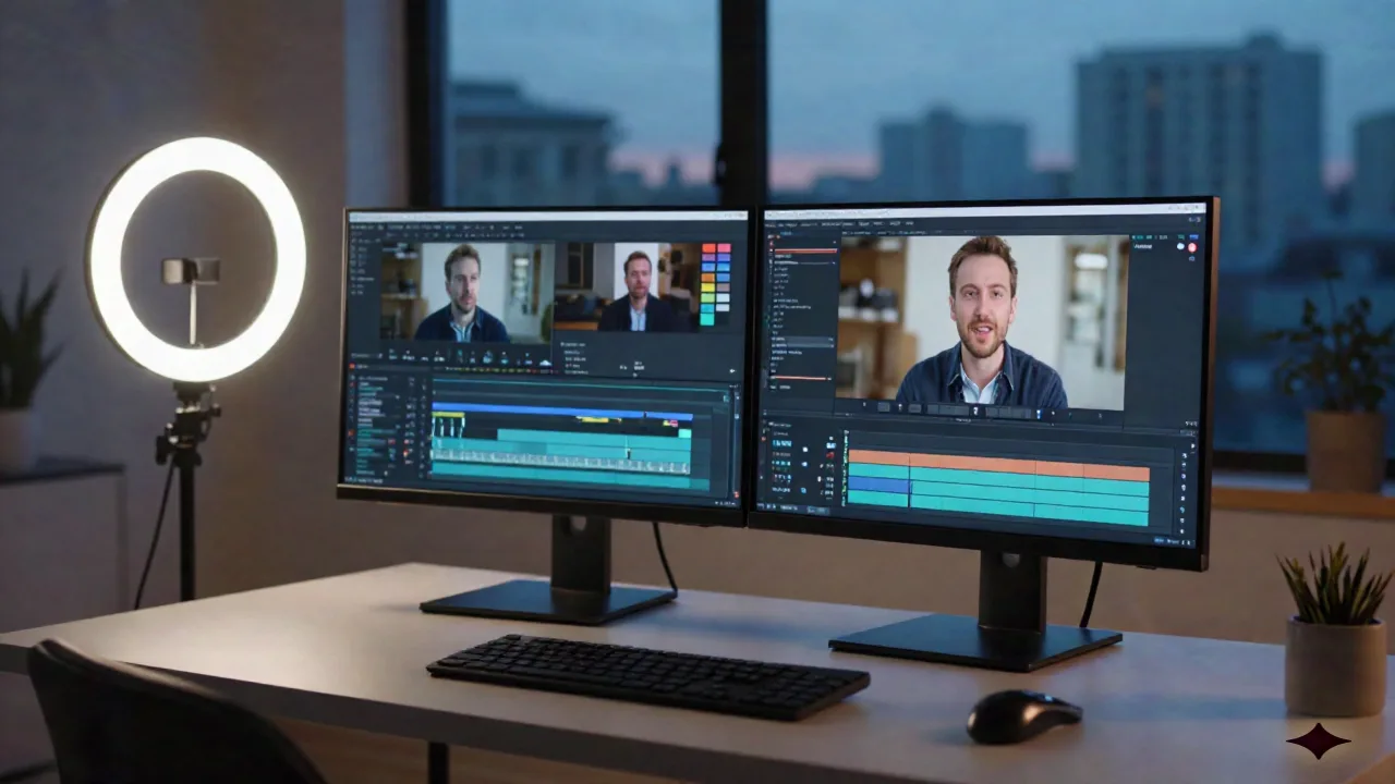 Heimvideo-Produktionsarbeitsplatz bei Sonnenuntergang mit Dual-Monitoren, die ein KI-Avatar-Video mid-Render zeigen