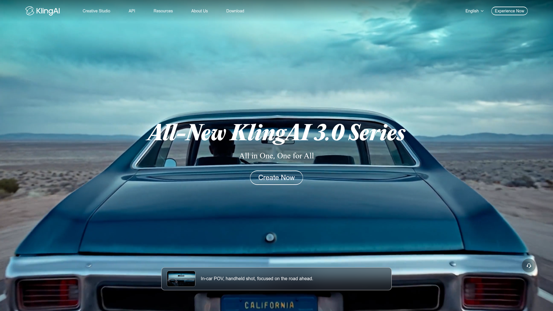 Kling AI Homepage-Hero: KI-generierte Fahrzeug-POV-Szene von innen, Kling 3.0