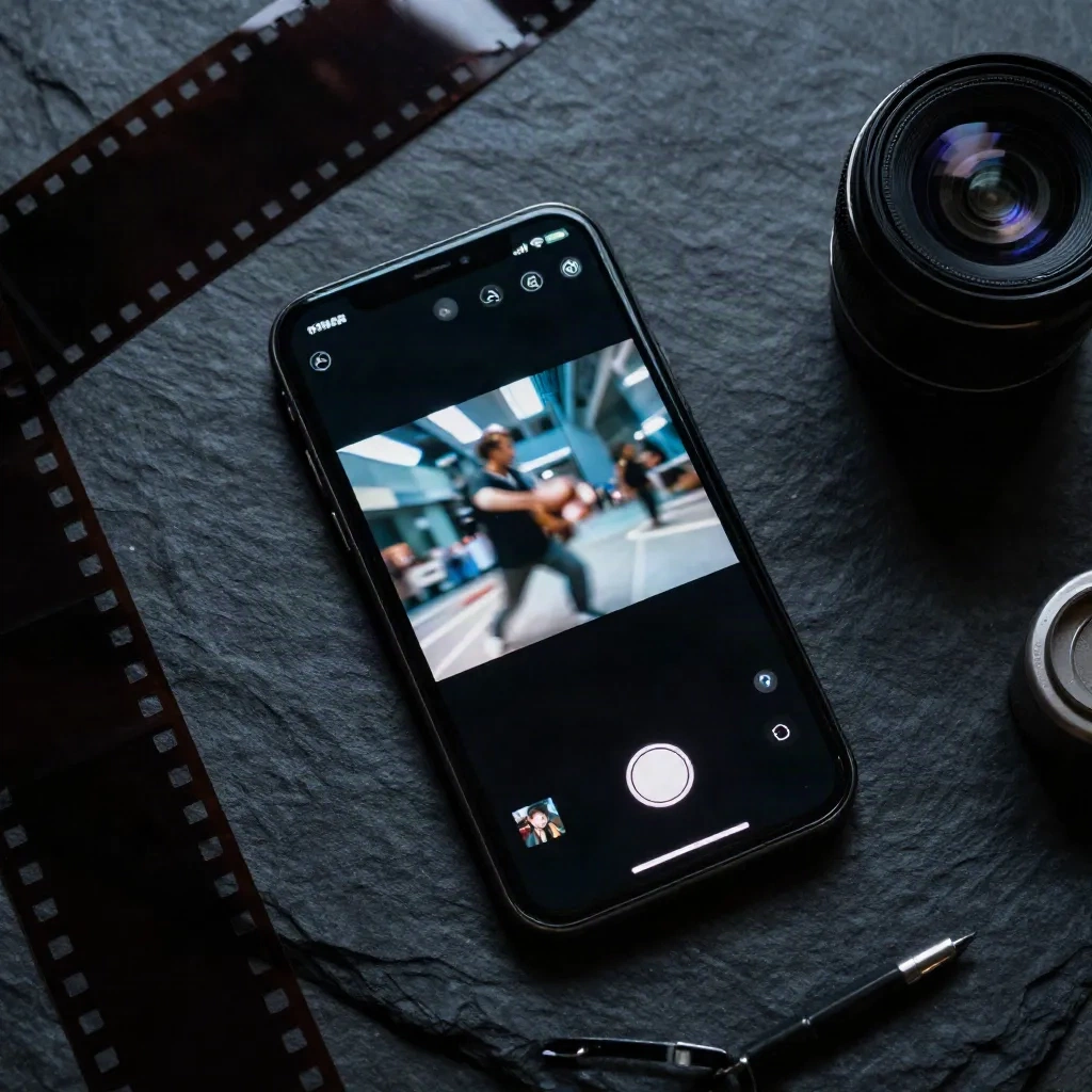Smartphone displaying a cinematic AI-generated video clip with motion blur, surrounded by film strips on a dark surface