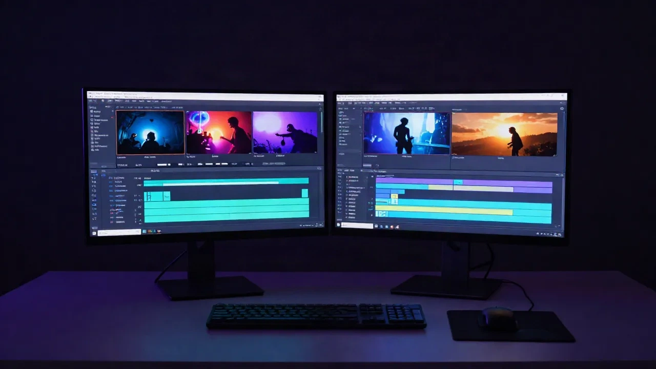Kreator video AI di studio gelap dengan dual monitor menampilkan timeline dan generated clips