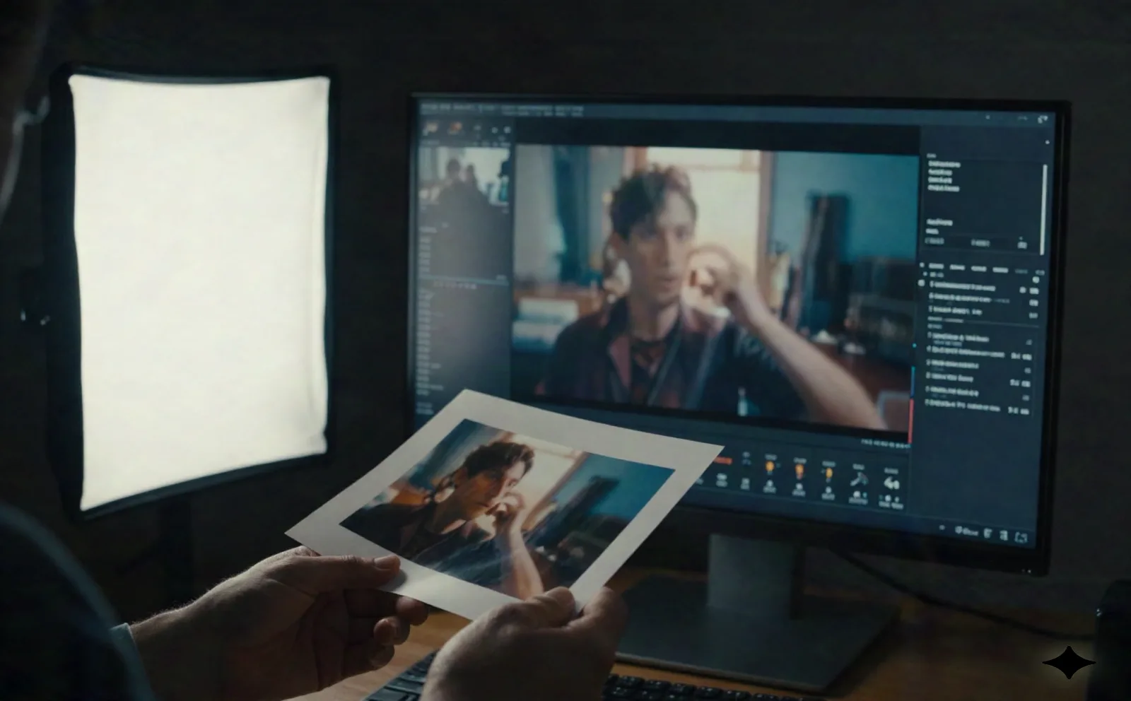 A printed still photograph next to a monitor showing the same scene animated into a moving video clip