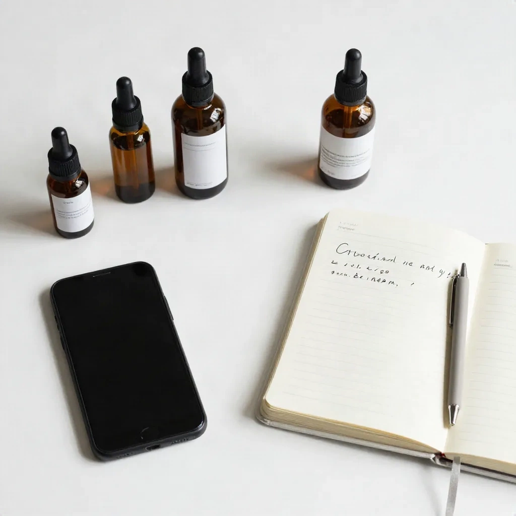 Flat-lay di uno spazio di lavoro di UGC creator con smartphone, prodotti e appunti