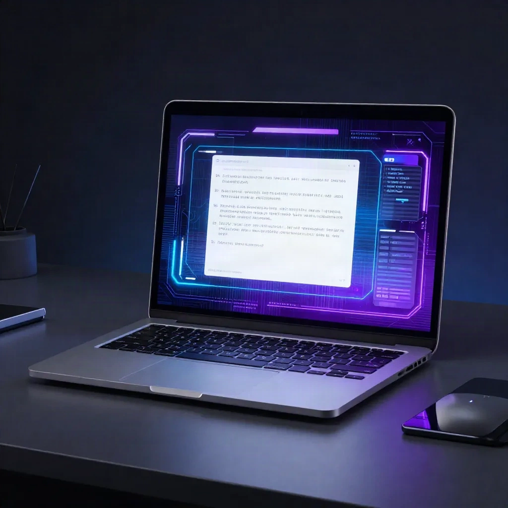 Laptop screen showing an AI video generation prompt interface with glowing blue and purple accents