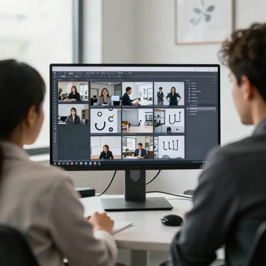 Small creative team reviewing a wall of vertical video storyboard thumbnails on a monitor in an agency office