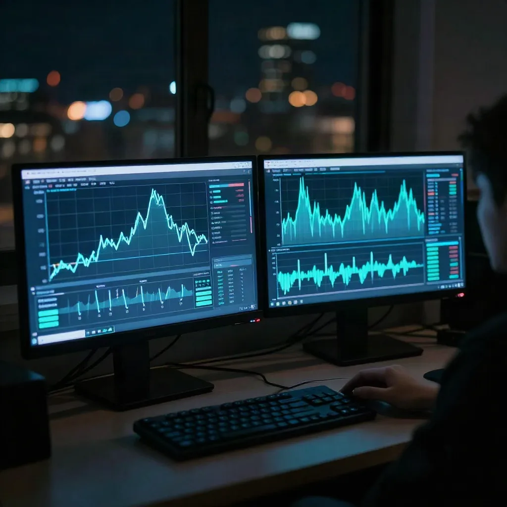Video production workspace at night with monitors showing performance dashboard graphs